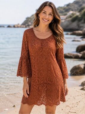 Garnet Hill Women’s Lace Overlay 3/4 Bell Sleeve Midi Dress Rust Brown Sz 6